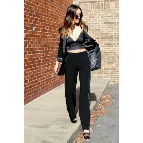 Equipment Hagan Tuxedo Satin Stripe Trousers Black Pants - Picture 2 of 16